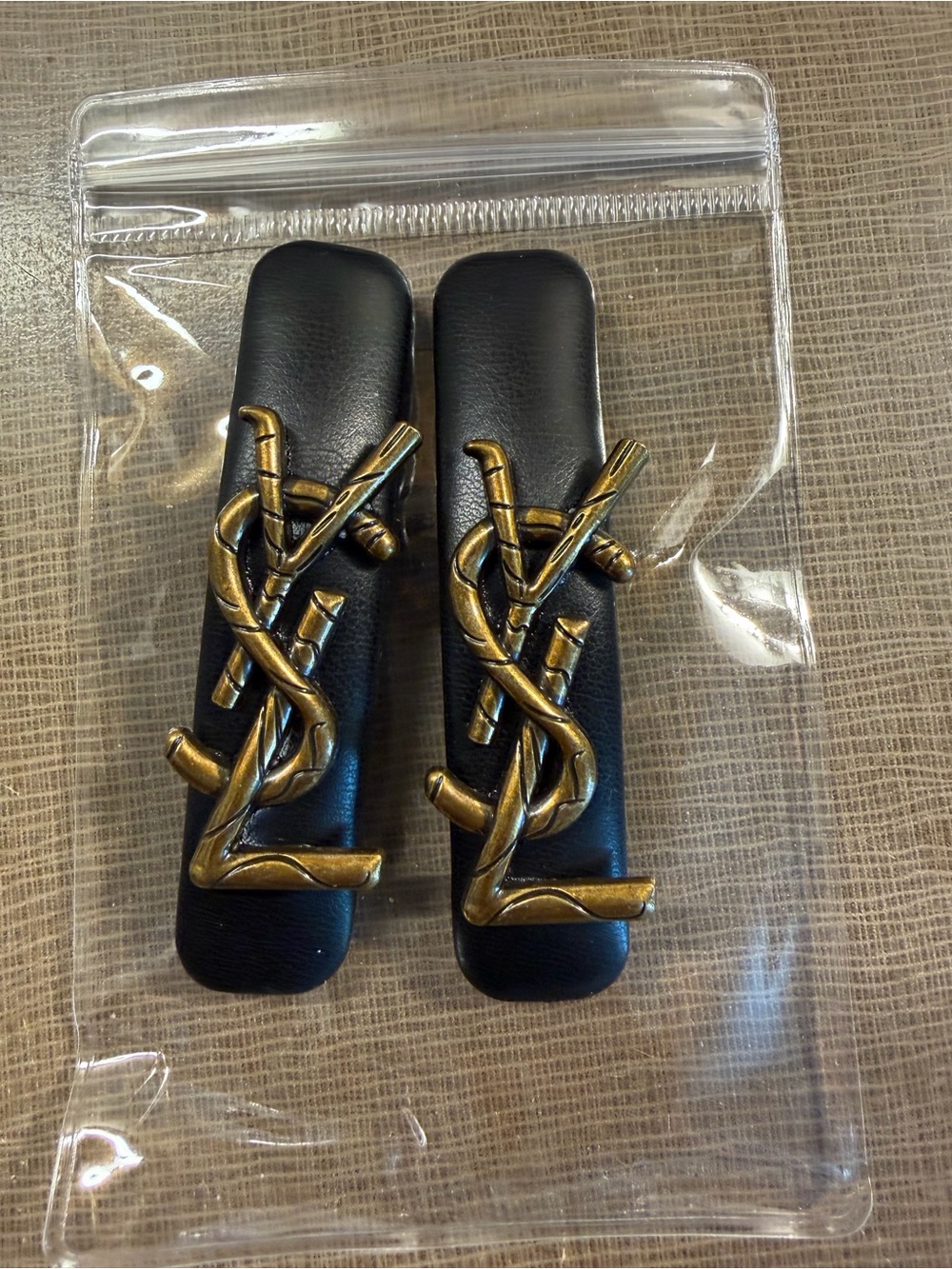 Yves Saint Laurent Black Clips with Antique Gold YSL Emblems